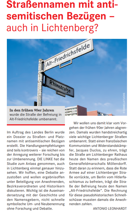 Straßen- und Platznamen mit antisemitischen Bezügen – auch in Lichtenberg?